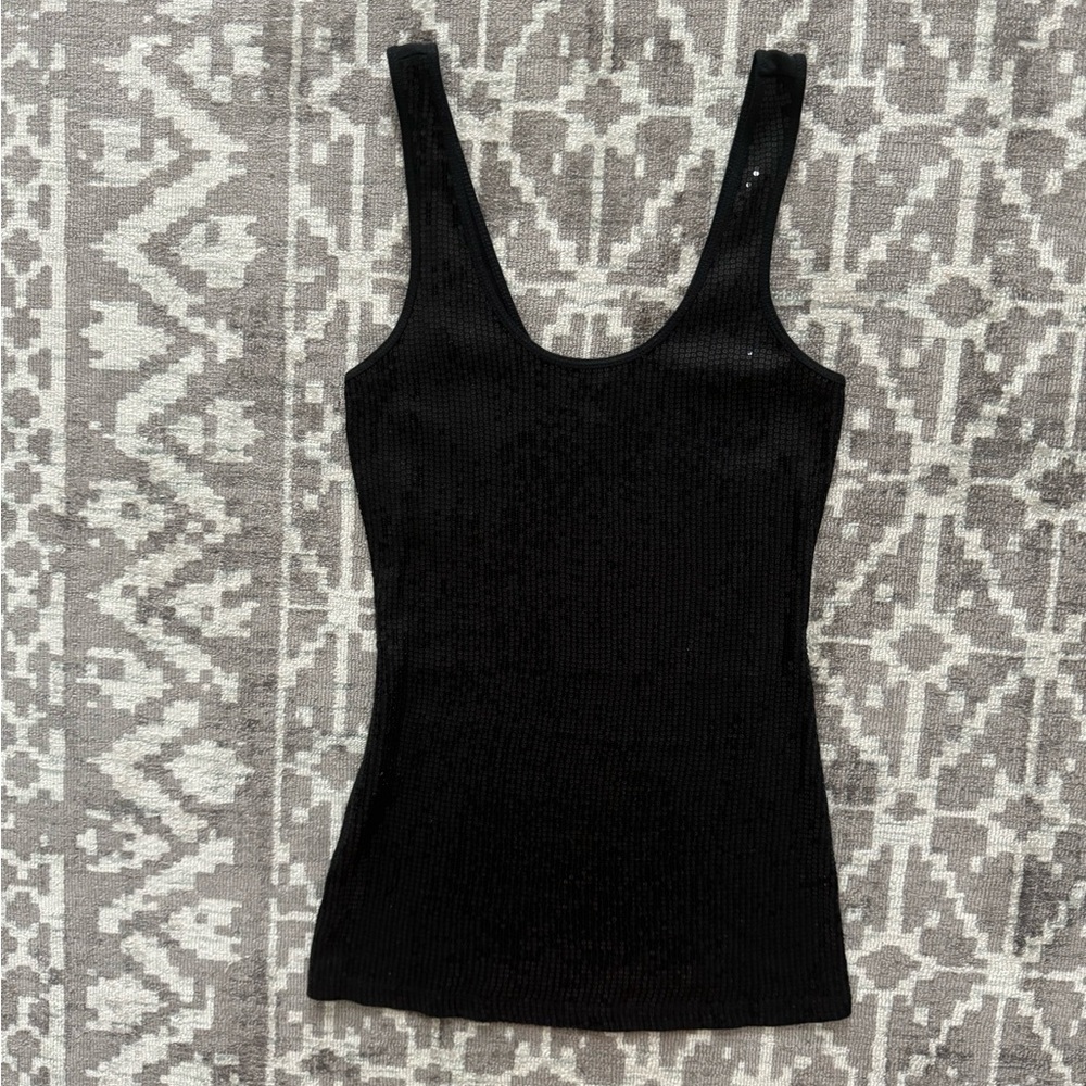 Express Sexy Basics Black Sequin Tank Top Y2K Sparkle Scoop Neck S